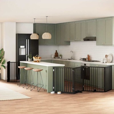 vidaXL Poartă c&amp;acirc;ini pliabilă cu ușă 6 panouri negru, 480 cm, lemn plop 3155573 foto