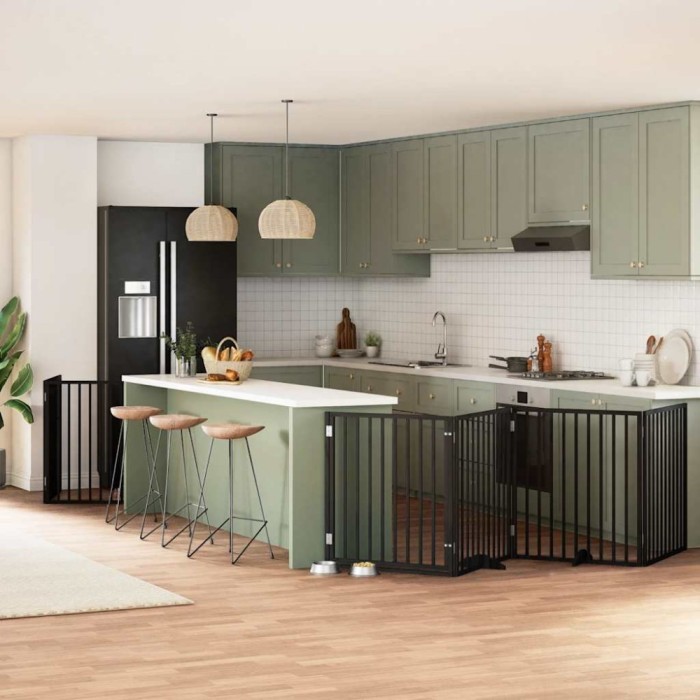 vidaXL Poartă c&acirc;ini pliabilă cu ușă 6 panouri negru, 480 cm, lemn plop 3155573