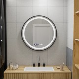 Oglinda LED rotunda 70 cm neagra, cu dezaburire, ceas si termometru