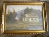 Tablou vechi Casa in peisaj montan - semnat Saudie (?) nuante lila ,dim.=58x39cm, Peisaje, Ulei, Altul