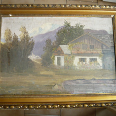 Tablou vechi Casa in peisaj montan - semnat Saudie (?) nuante lila ,dim.=58x39cm