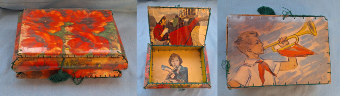 Caseta, cutie depozitat diverse imagine flori si Pionier cu trompeta - anii 1970