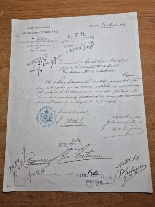 document in limba romana din anul 1898 - directiunea generala a cailor ferate romane - cfr