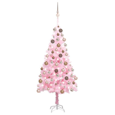 Brad de Crăciun artificial cu LED-uri/globuri roz 150 cm PVC foto