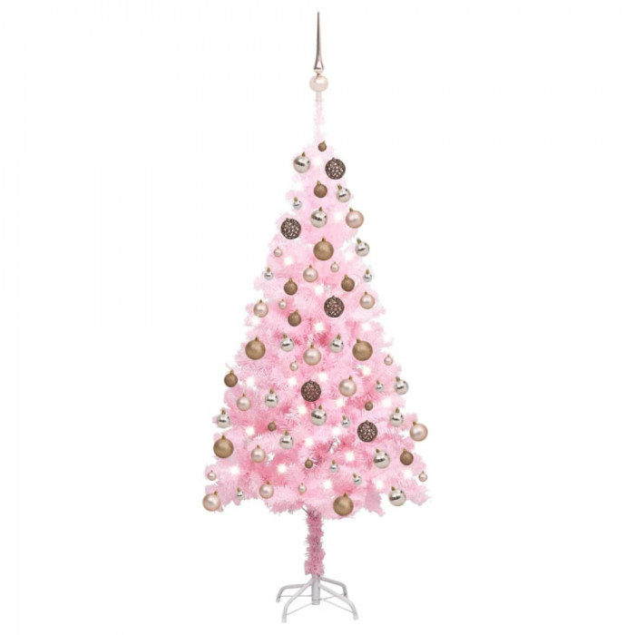 Brad de Crăciun artificial cu LED-uri/globuri roz 150 cm PVC