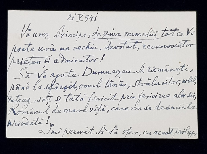 SCRISOARE A ISTORICULUI VIRGIL ZABOROVSCHI CATRE PRINTUL BIBESCU , SEMNATA SI DATATA 21 MAI 1941