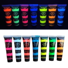 Set 7 culori vopsea glow UV neon, 25 ml/culoare, pentru corp si fata, pe baza de apa