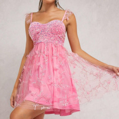 Rochie mini cu aplicatii florale, tip corset, roz