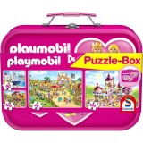 Puzzle-Box Schmidt: Playmobil roz, set de 2 puzzle-uri x 100 piese și 2 puzzle-uri x 60 piese + bonus: cufăr metalic