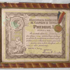 DIPLOMA si Medalie PREMIUL 1 MEDALIA DE AUR pt rezultate la invatatura anul 1935