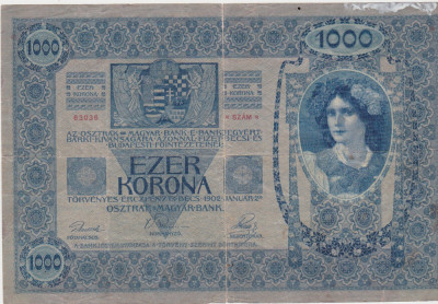 AUSTRIA UNGARIA 1000 COROANE KRONEN 1902 F FARA SUPRATIPAR foto