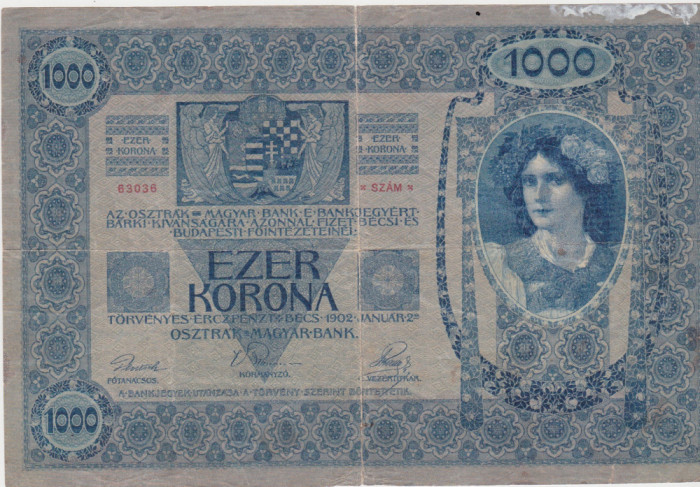 AUSTRIA UNGARIA 1000 COROANE KRONEN 1902 F FARA SUPRATIPAR