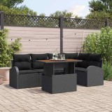 Cumpara ieftin Set de dining pentru grădină, 6 piese cu perne, Negru, Poly Rattan, Acacia