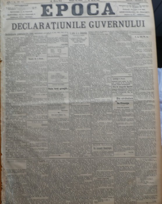 Ziarul Epoca, 1 Decembrie 1899 ; Declaratiunile Guvernului