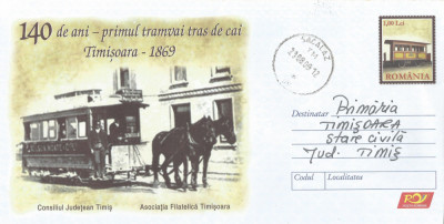 Romania, 140 ani, primul tramvai tras de cai 1869, intreg postal, circulat, 2009 foto