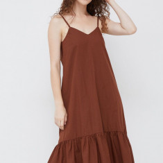 Sisley rochie din bumbac culoarea maro, midi, evazati