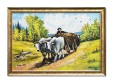 Cumpara ieftin Tablou inramat, Car cu boi, pictat manual 65x45cm ulei pe panza, reproducere Nicolae Grigorescu