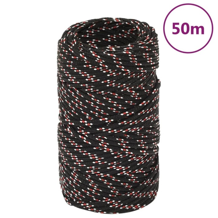 vidaXL Fr&acirc;nghie de barcă, negru, 2 mm, 50 m, polipropilenă