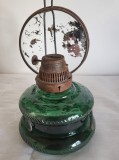Lampa de ulei,gaz, vintage, cu recipient din sticla verde