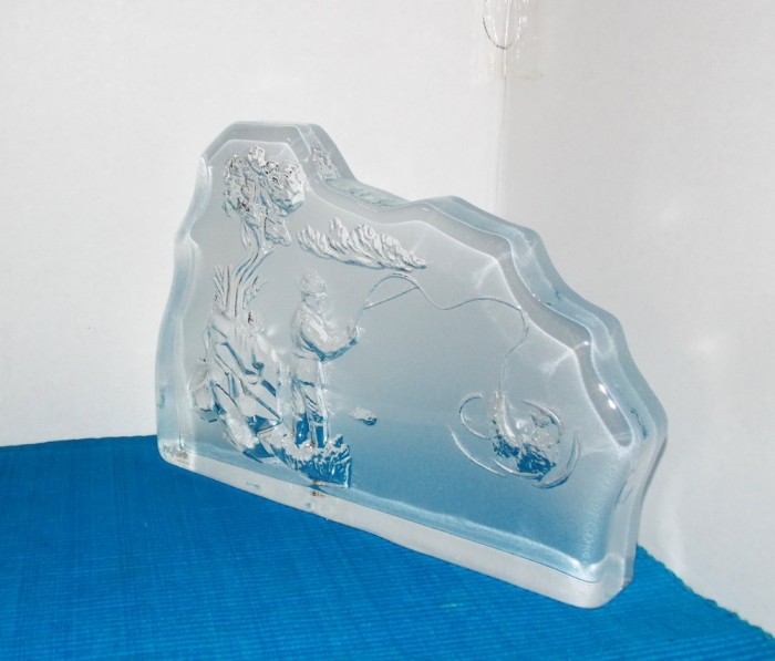 Sculptura full lead crystal, turnata si modelata manual - La pescuit - design Paul Isling, Nybro Glasbruk Sweden