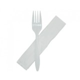 Set 100 Tacamuri - Furculita + Servetel, ambalate individual, Plastic, Reutilizabile