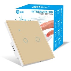 Intrerupator smart touch, WiFi, Sticla securizata, iUni 2G, 2 Canale, 10A, Control vocal, Smart Life / Tuya, LED, Gold