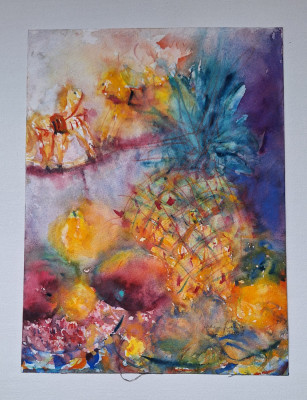Pictura in acuarela neinramata - Fructe caluti si ananas, semnata 2008 24x32 cm foto