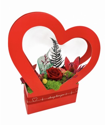 Aranjament floral personalizabil, Eventissimi, Inima cu licheni si trandafir criogenat, Multicolor foto