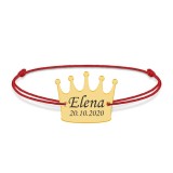 King - Bratara snur cu talisman din argint 925 placat cu aur galben 24K personalizata cu text - coroana