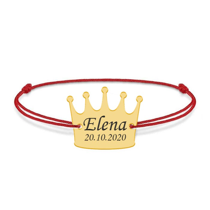 King - Bratara snur cu talisman din argint 925 placat cu aur galben 24K personalizata cu text - coroana