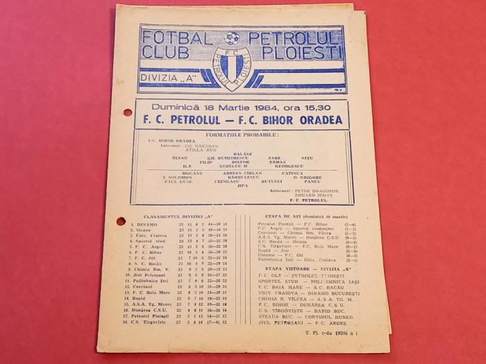Program meci fotbal PETROLUL PLOIESTI-FC BIHOR ORADEA (18.03.1984)