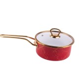 Cumpara ieftin Cratita emailata cu maner, 18x9cm, 2 litri, manere titan aurii, capac sticla, inclusiv inductie, Goldmann, rosie