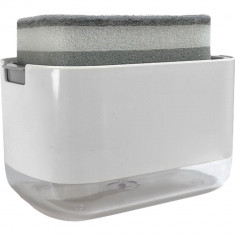 Dozator Flippy, Dispenser 2 in 1 pentru Detergent Lichid de Vase sau pentru Obiecte Sanitare cu Suport pentru Burete de Bucatarie , 8.6 x 14.5 x 10 cm