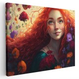Tablou fetita cu par rosu si flori diverse, rosu, galben 1650 Tablou canvas pe panza CU RAMA 80x120 cm