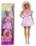 Papusa Barbie Fashionistas cu rochie roz cu trandafir si par roz Mattel