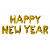 Set Baloane Petrecere Happy New Year, Aluminiu, Auriu, 12 Bucăți, Litere 23cm, Lungime 3m, Oem