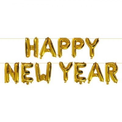 Set Baloane Petrecere Happy New Year, Aluminiu, Auriu, 12 Bucăți, Litere 23cm, Lungime 3m foto