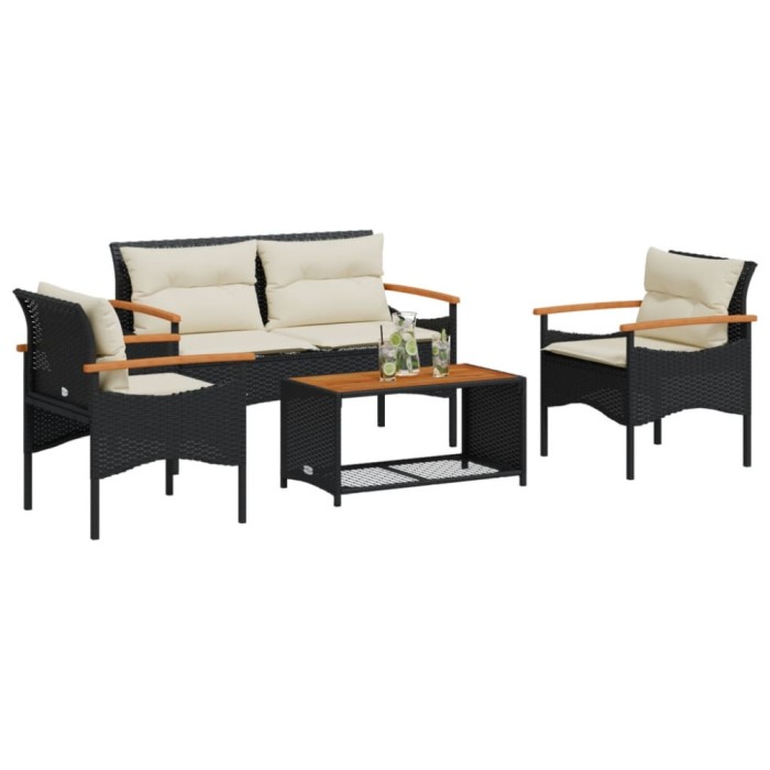 vidaXL Set mobilier de grădină cu perne, 4 piese, negru, poliratan 368398