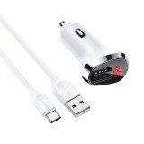 Set incarcator auto dual USB, cu afisaj LED, Borofone BZ15, cu cablu USB Tip C 1m, DC 12-24V, 5V 2.4 A, alb