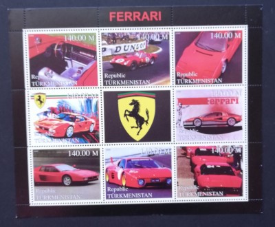 TURKMENISTAN- MASINI FERRARI-8v+1vg.in 1 coala mica,-MNH** -TU PLR 60 foto