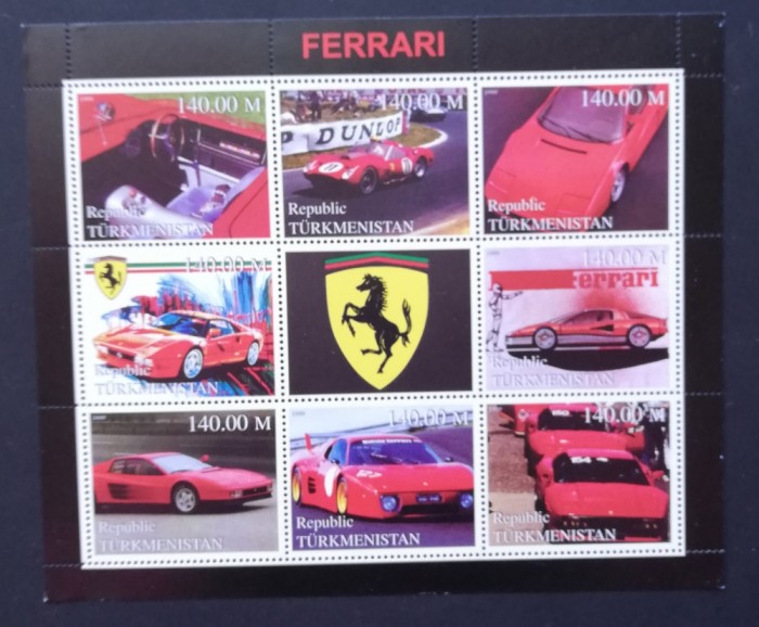 TURKMENISTAN- MASINI FERRARI-8v+1vg.in 1 coala mica,-MNH** -TU PLR 60