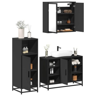 vidaXL Set mobilier de baie, 3 piese, negru, lemn compozit 3300970 foto