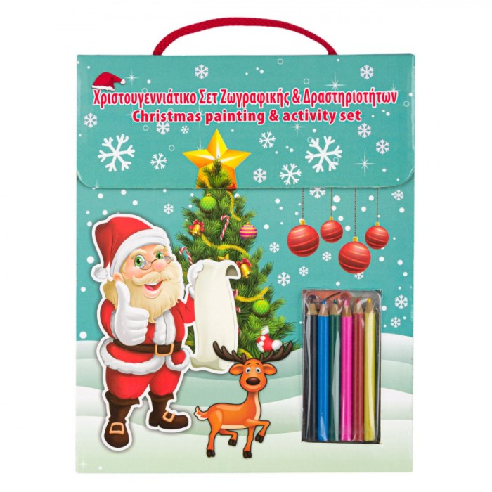 Set Activități Crăciun, 3 Cărți Autocolante și 6 Creioane Colorate, Multicolor