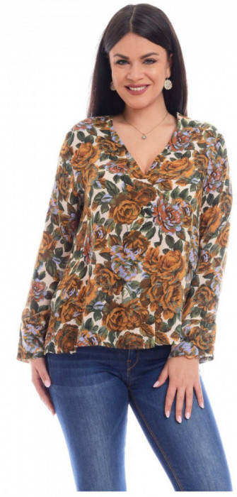Bluza Dama Pliu cu Imprimeu Floral Maro - L
