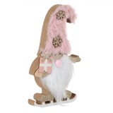 Decoratiune Crăciun, Gnome Cu Schiuri, Căciulă Blană Roz, Lemn, 17cm, Oem