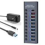 Hub USB 10 in 1 cu buton ON/OFF, PRESTIGE CHARGE&reg;, din aluminiu, 7 porturi USB 3.0 transfer date 5Gbps si TypeC + 2*USB incarcare QC 3.0 60W