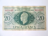 Rara! Africa Ecuatoriala Franceza 20 Francs 1944 WWII,bancnota din imagini