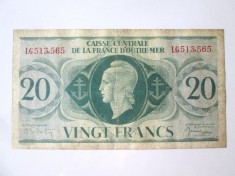 Rara! Africa Ecuatoriala Franceza 20 Francs 1944 WWII,bancnota din imagini