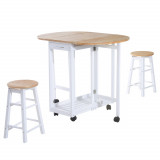 HOMCOM Set Mobilier Bucătărie 3 Piese Masa Pliabilă 2 Scaune de Bar Carucior cu 6 Roti Design Modern Alb și Lemn | Aosom Romania