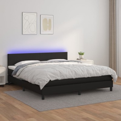 vidaXL Pat cu arcuri, saltea și LED, negru, 160x200cm, piele ecologică 3134111 foto